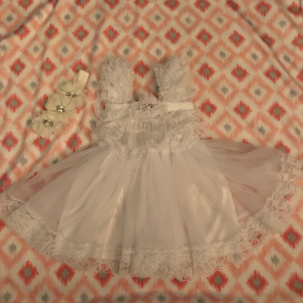 White Lace Ruffled Dress with Headband